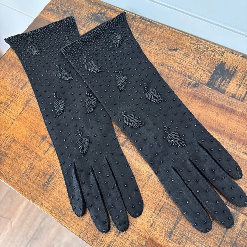 Vintage Black Beaded Cotton Women's Dress Gloves Size 7